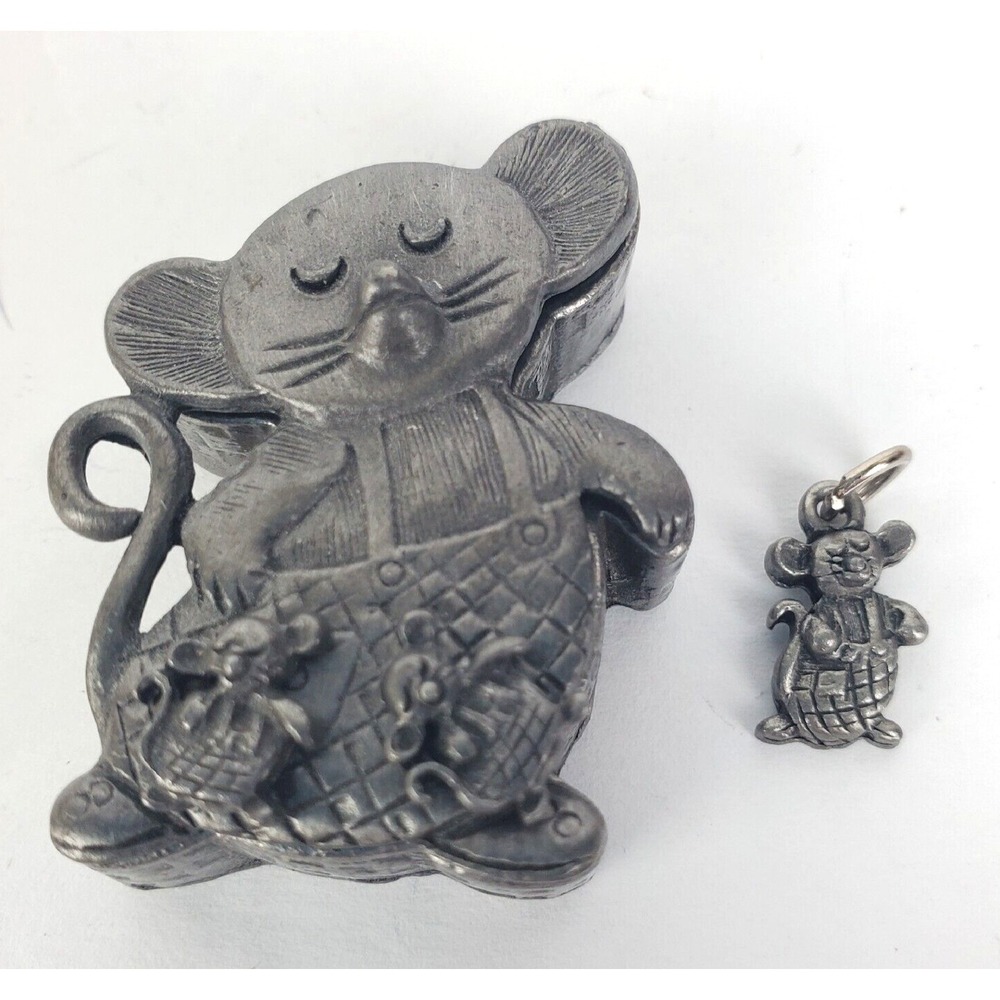 Vintage Torino Pewter Mouse Mice Necklace Charm Brooch Earrings & Trinket Box